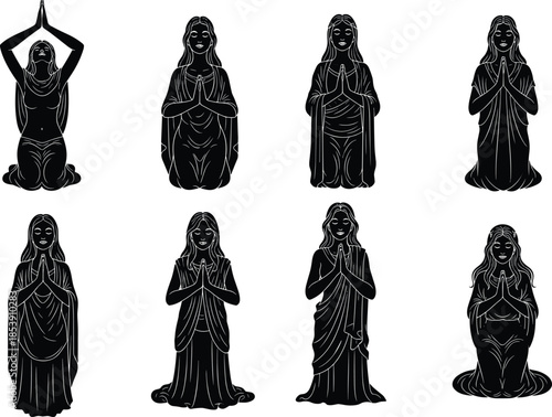 Prayer silhouettes, meditative women, spiritual poses, black vector art, devotion icon, kneeling figure, flowing dress, reverent gesture, cultural theme, serene posture