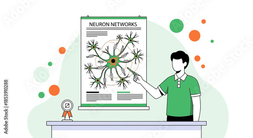 Presentation of neuron networks diagram on a poster with a man explaining science