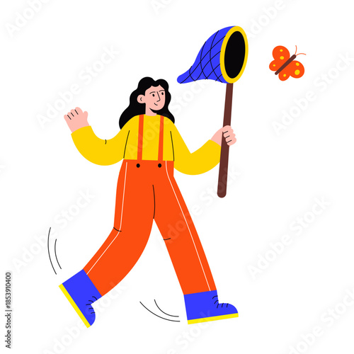 A flat style illustration of a person catching butterfly