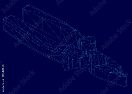 Intricate 3D wireframe pliers with detailed components, unique textures, and a complex structure on a solid blue background. The stark contrast highlights its realistic geometric shapes and pointed.