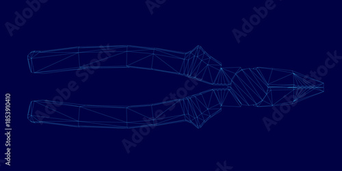 Intricate wireframe pliers with detailed components and unique textures on a solid blue background. The stark contrast highlights the tool's complex structure.