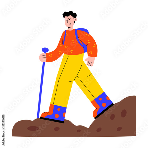 A flat style illustration of a person doing hiking