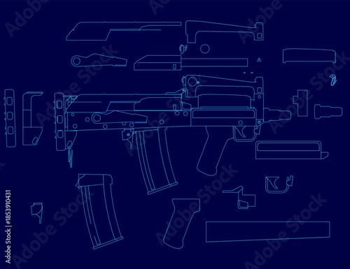 Detailed blueprint of an assault rifle with labeled parts and numbered components. The technical drawing is set against a solid blue background for clear presentation.