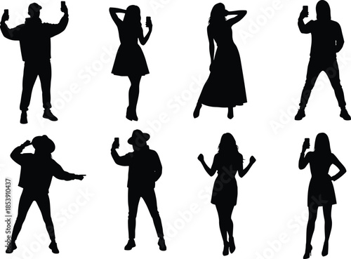 Smartphone silhouettes, selfie poses, expressive figures, digital culture, mobile users, black vector art, fashion icon, modern stance, tech gesture, social media