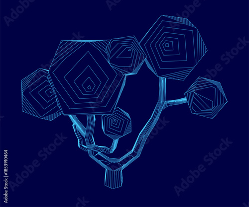 Low poly tree contour on a blue background, composed of hexagonal shapes, circles, squares, and triangles. This creates a unique and eye-catching geometric design.