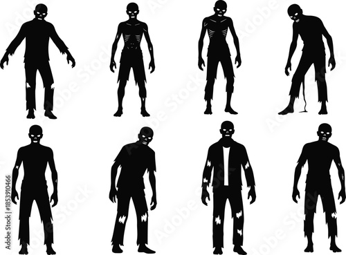 Zombie silhouettes, undead figures, horror icons, skeletal posture, glowing eyes, black vector art, Halloween theme, scary design, decay style, monster illustration