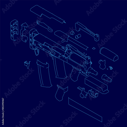 Blueprint of an rifle with detailed contour lines and labeled parts, presented as a technical diagram on a solid blue background.