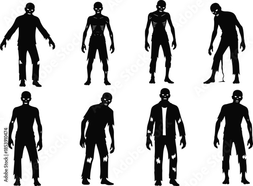 Zombie silhouettes, horror figures, undead poses, torn clothing, glowing eyes, black vector art, Halloween icon, scary design, decay theme, monster illustration