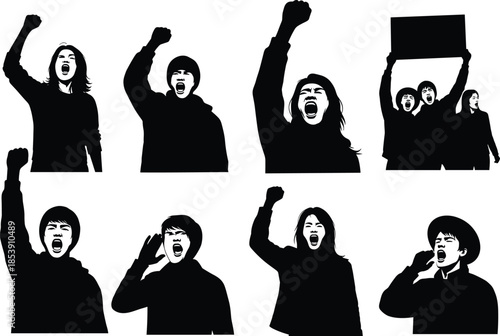 Protest silhouettes, activist figures, raised fists, shouting pose, demonstration art, black vector, social movement, political icon, expressive stance, rally illustration