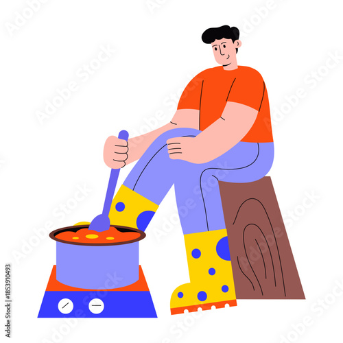 A flat style illustration of a person making winter stew