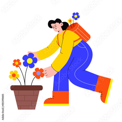 A flat style illustration showing a person picking flowers