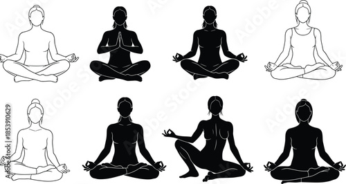 Meditation silhouette, yoga pose, mindfulness practice, seated figure, spiritual calm, wellness icon, peaceful posture, black silhouette, grid layout, isolated background