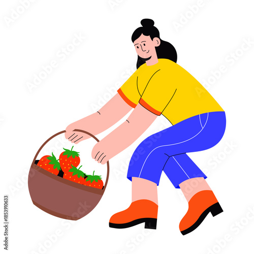 A flat style illustration showing a person picking strawberry