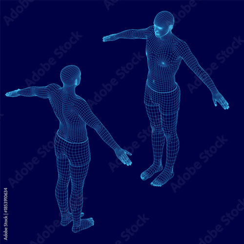 A wireframe man and woman stand side by side on a blue background, with the male figure in an outstretched pose and the female's head slightly tilted. The detailed 3D model clearly shows facial.