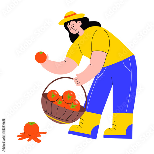 A flat style illustration showing a person collecting fruit