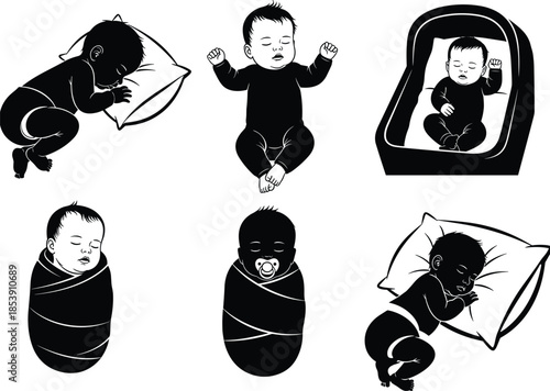 Sleeping baby illustrations, swaddled infant poses, peaceful newborn art, black and white sketch, baby sleep positions, parenting reference, childcare drawing