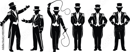 Ringmaster silhouette figures, circus attire, top hat, whip pose, vintage fashion, performance stance, black vector art, isolated background