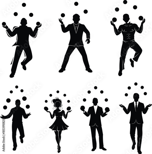 Juggling silhouette figures, diverse poses, motion arcs, skill performance, black characters, multitasking concept, entertainment act, isolated white background