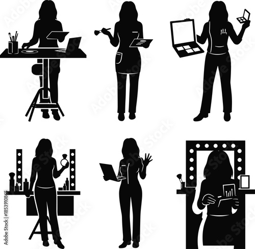 Makeup artist silhouettes, beauty tools, vanity setup, product presentation, teaching makeup, black figures, cosmetic poses, isolated white background