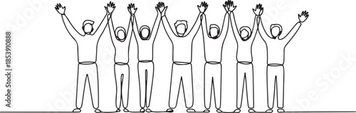 One single line drawing of group of people open up and raising their hands up into the air. Business team work concept. one line Icon drawing