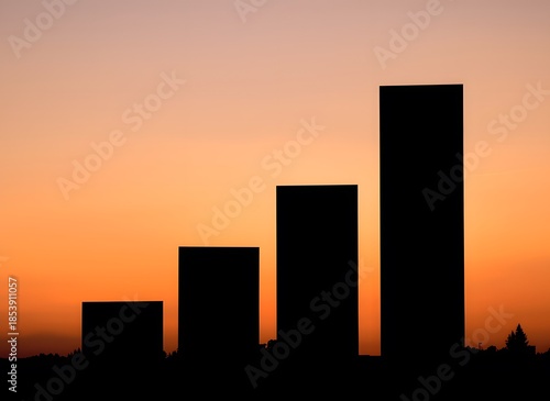 Business Growth Bar Chart Silhouette Against Vibrant Sunset Sky – Minimalist Abstract Concept for Financial Success, Progress, and Career Ambition