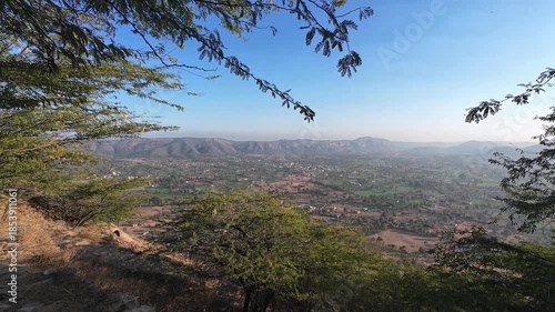 High-Angle Panoramic View of the Aravalli Mountain Range and a Vast Natural Valley Under a Clear Blue Sky in Sikar, Rajasthan, India 