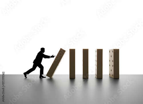 Businessman Silhouette Pushing Domino to Start Chain Reaction – Minimalist Concept for Business Leadership, Strategic Initiative, and Goal Success