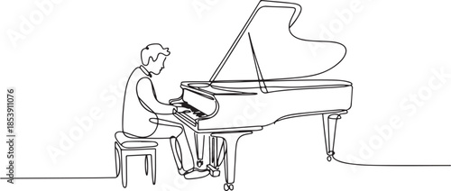 Single continuous line drawing of young happy male pianist playing classic grand piano on music concert orchestra. Musician artist performance concept. one line Icon drawing