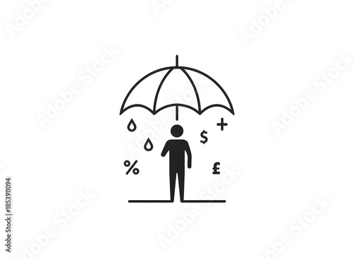 Minimalist Financial Protection Icon – Person Under Umbrella with Currency and Interest Symbols for Insurance, Security, and Risk Management Concepts