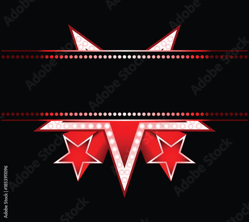 Big star behind blank neon sign on Black Background.