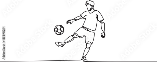 One continuous line drawing of young sporty man soccer freestyler player practice to juggle ball with heel in the street. Football freestyle sport concept. one line Icon drawing