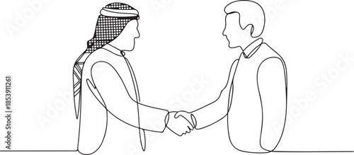 Single continuous line drawing of young muslim business man shake hand his colleague from top view. Arab middle east businessmen with shmagh thawb robe cloth. one line Icon drawing