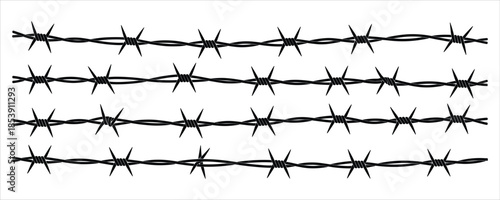 Four Horizontal Rows of Black Barbed Wire with Sharp Spikes on White Background fence security
