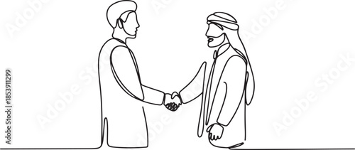 Single continuous line drawing of young muslim business man shake hand his colleague from top view. Arab middle east businessmen with shmagh thawb robe cloth. one line Icon drawing