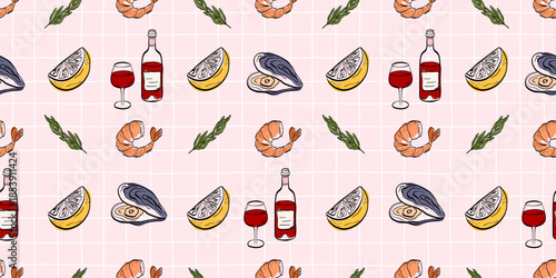 Seamless seafood pattern with shrimp, mussels, lemon slices, herbs and red wine bottles on a soft pink grid background, designed for packaging, textiles, kitchen decor and food branding