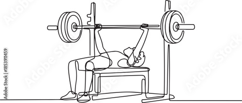 Single continuous line drawing of young sportive man training lift barbell on bench press in sport gymnasium club center. Fitness stretching concept. one line Icon drawing