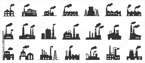 Grid of 21 black industrial factory building icons with smoke clouds Keywords: factory, industrial, building, icon, silhouette