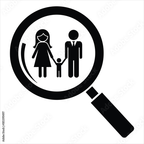 Family silhouette viewed through magnifying glass on white background search research