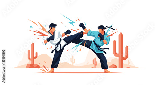 Two martial artists in traditional uniforms performing dynamic kicks and strikes in a desert landscape with red mountains and cacti.