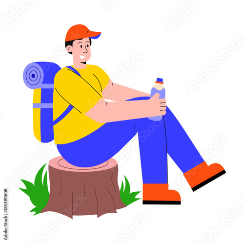 A flat style illustration showing a hiker sitting