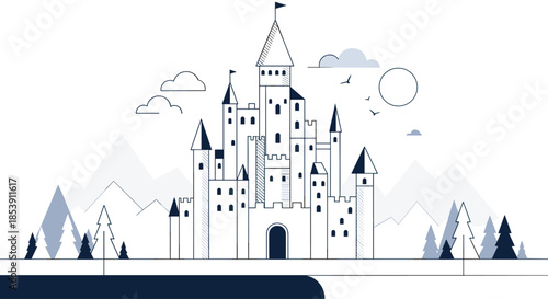 Minimalist line drawing of a fantasy castle with many towers and flags situated in a mountain landscape with pine trees and clouds.