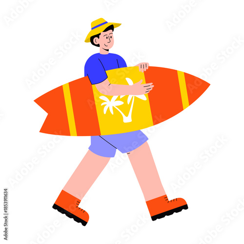 A flat style illustration showing a person holding surfboard