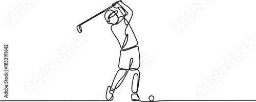 One single line drawing of young sporty golf player hit the ball using golf club graphic vector illustration. Healthy sport concept. one line Icon drawing
