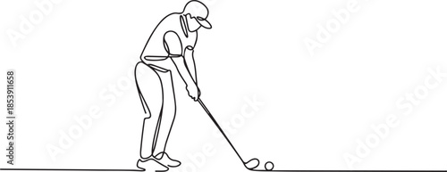 One single line drawing of young sporty golf player hit the ball using golf club graphic vector illustration. Healthy sport concept. one line Icon drawing