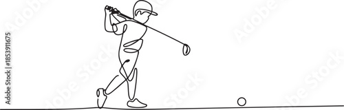 One single line drawing of young sporty golf player hit the ball using golf club graphic vector illustration. Healthy sport concept. one line Icon drawing