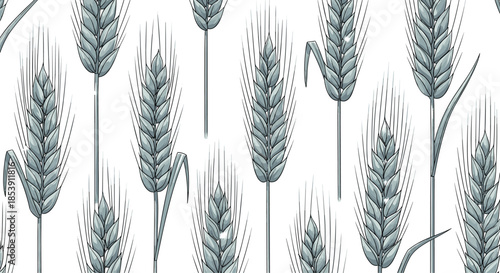 Dense pattern of multiple wheat ears in blue and gray tones creating a repetitive botanical design with detailed kernels and awns.