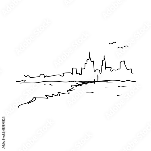 Minimalist city horizon sketch shows abstract urban skyline, water below. Contour pencil art illustration emphasizes architectural silhouettes, making captivating city horizon sketch.