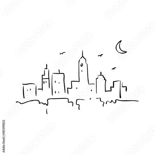 Pencil art city sketch shows evening urban skyline, buildings, moon, birds. Minimalist city sketch outlines architectural elements. Perfect city sketch for graceful designs.