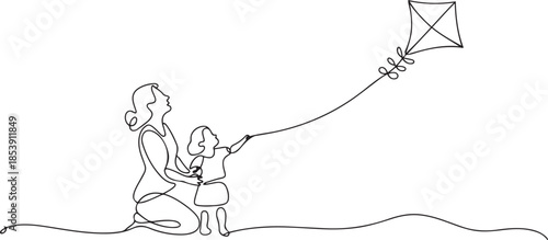 One continuous line drawing of young mother and her daughter playing to fly kite up into the sky at outdoor field. Happy family parenthood concept. one line Icon drawing