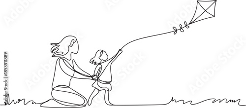 One continuous line drawing of young mother and her daughter playing to fly kite up into the sky at outdoor field. Happy family parenthood concept. one line Icon drawing